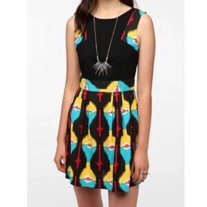 Anthropologie Staring at Stars Linen Blend Dress Womens 4 Aztec Ikat Black Artsy